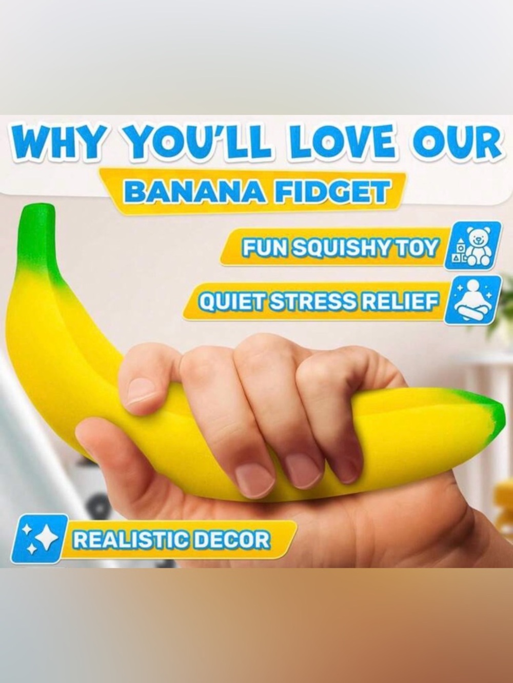 Banana Fidget Squishy Stress Relief Toy - Bright Yellow